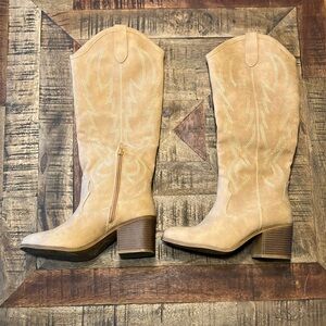 Beige faux suede cowboy boots, size 6-6.5